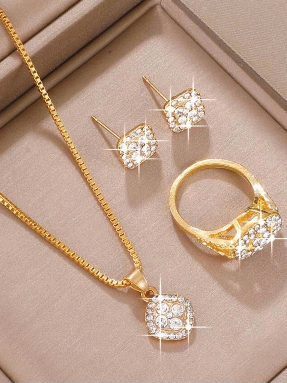 Gold Crystal Pendant Necklace, Ring & Stud Earring Set (New) with box